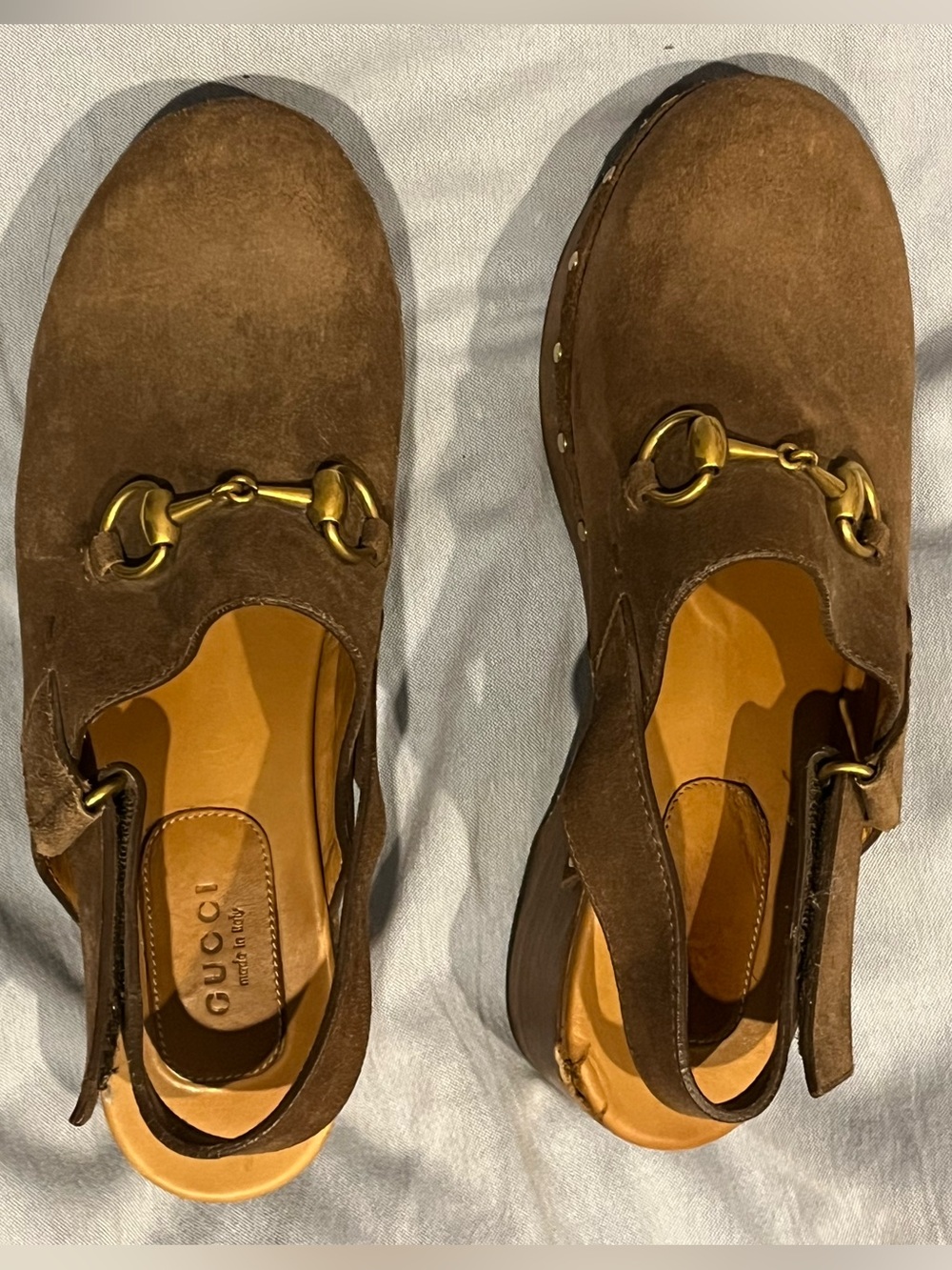 Gucci Brown Suede and Wood Clogs Size 38.5 DAMAGED!